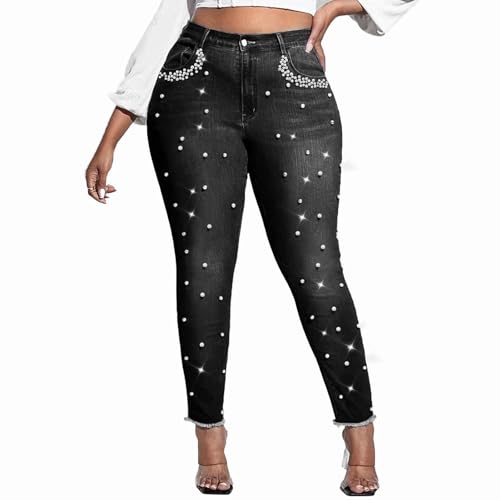 Ladyful Damen Skinny Jeans Klassische Mid Waist Stretchy Denim Hose mit Perlen Strass, Schwarz, M von Ladyful