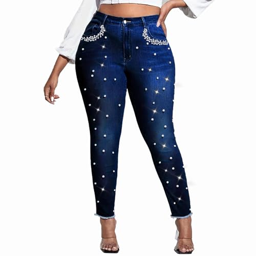 Ladyful Damen Skinny Jeans Klassische Mid Waist Stretchy Denim Hose mit Perlen Strass, Tiefes Blau, XX-Large von Ladyful