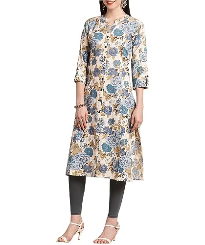 Ladyline Baumwolle Ethnisch Gedruckt Frauen Tunika Top Front Schlitz Roll-up Ärmel Knöpfe Unten Hals Tasche Lange Kurti Kurta, Creme-blau (Fp), 38 von Ladyline