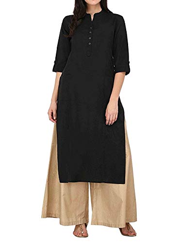 Ladyline Damen Reine Baumwolle Einfarbig Tunika Top 3/4 Ärmel Roll-up Knopf Ausschnitt mit Tasche Lang Kurti Kurta, Schwarz , XXXXL von Ladyline