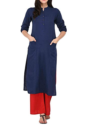 Ladyline Damen Reine Baumwolle Einfarbig Tunika Top 3/4 Ärmel Roll-up Knopf Ausschnitt mit Tasche Lang Kurti Kurta, marineblau, Large von Ladyline