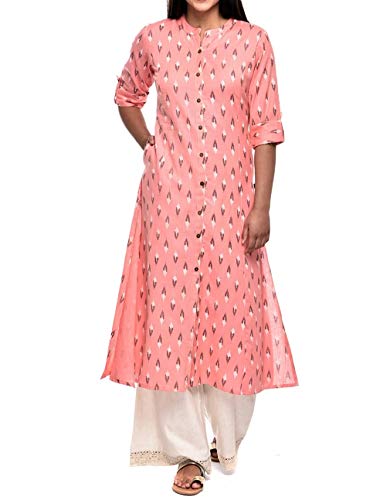 ladyline Kurti Kurta Damen Baumwolle Ethno Gedruckt Tunika Top Vorne Schlitz Aufrollbare Ärmel Knöpfe Down Neck Tasche Lang, Pink-Pfirsich, 48 von Ladyline