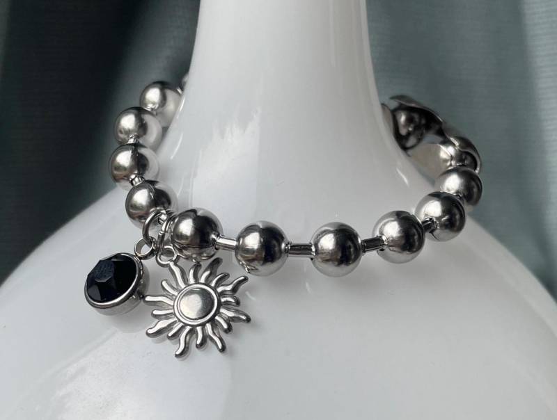 Armband Kugelkette Edelstahl Wasserfest Dicke Statement Perlenkette Sonne Und Glaskristall Charm Als Geschenk Für Sie Damenarmband Frauen von Ladyville