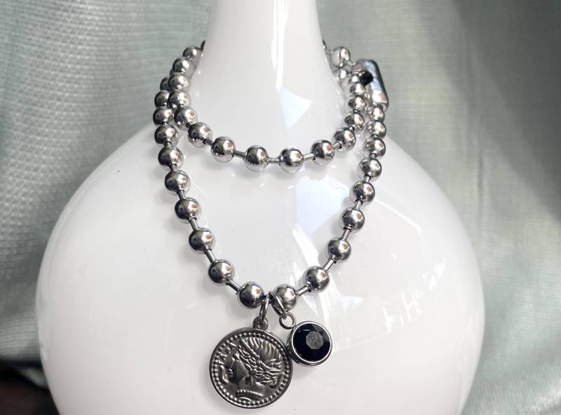 Kette Kugelkette Edelstahl Wasserfest Dicke Statement Perlenkette Münze Und Glaskristall Charm Als Geschenk Für Sie Damenkette Frauen von Ladyville