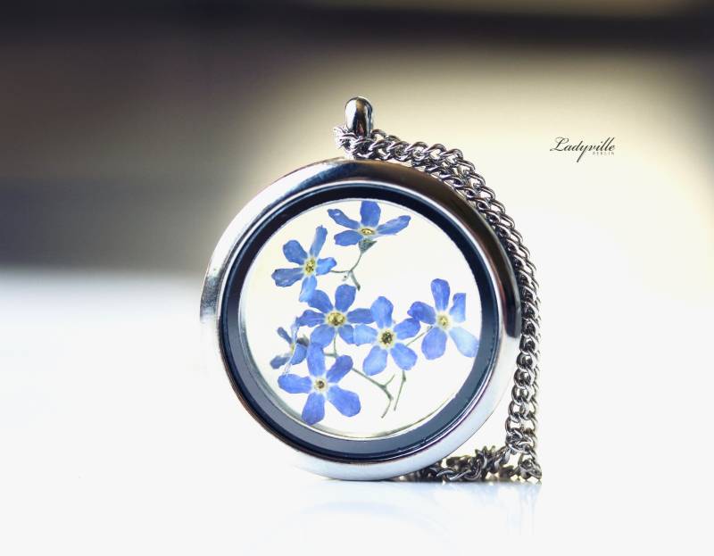 Medaillon Kette Vergissmeinnicht/Brautjungfer Geschenk Für Sie Muttertag Blüten Schmuck von Ladyville