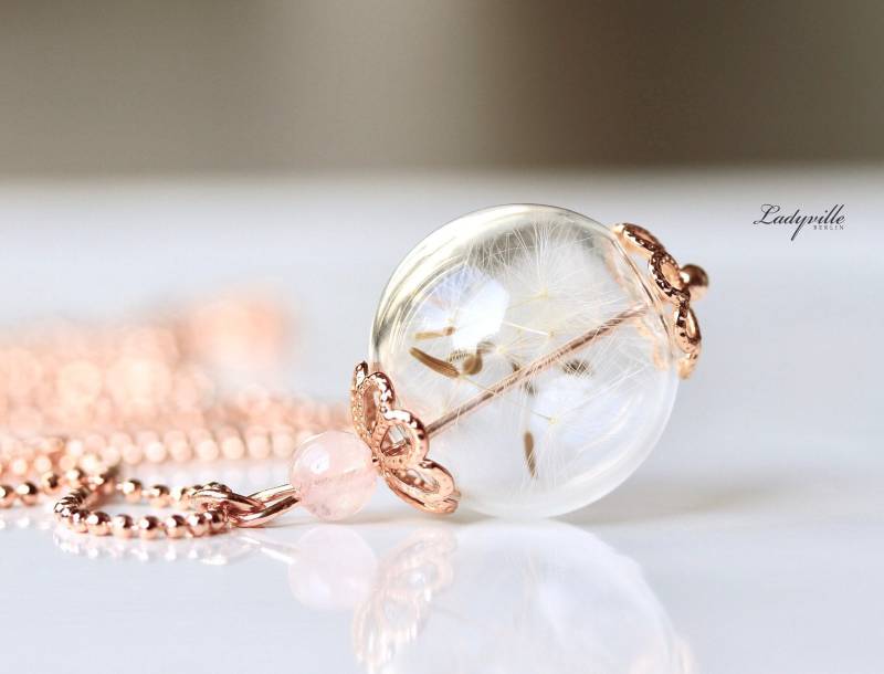 Pusteblumen Kette Rosegoldfarben - Glaskugel Anhänger Mit Rosenquarz Als Wunscherfüller von Ladyville