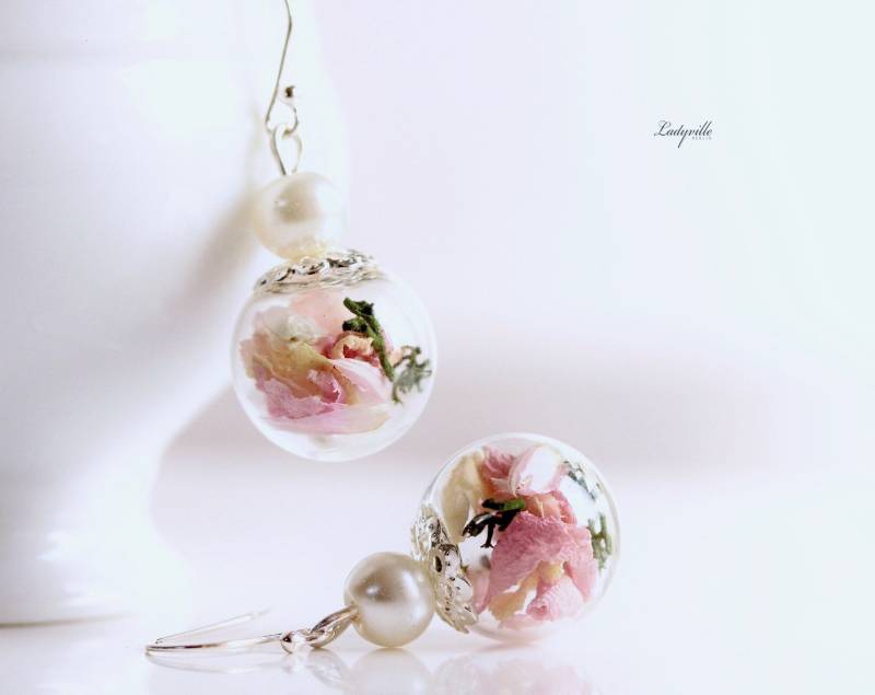 Silber Ohrringe Rosenblätter Und Moos Mit Perlen/925 Geschenk Für Verliebte Sie Beste Freundin Verlobte Mutter von Ladyville