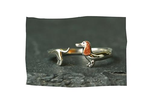 Silber Ring Dackel aus 925 Sterling mit per Hand verkupfertem Ohr das perfekte Geschenk für sie als größenverstellbarer Echtschmuck mit Hund von Ladyville