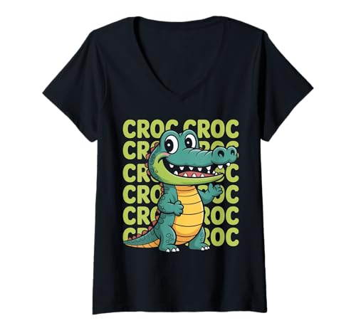 Damen Unangenehme lächelnde Krokodil-T-Shirt Lustiges Cartoon Tier T-Shirt mit V-Ausschnitt von Lächelnd umständlich krokodile lustige Cartoon
