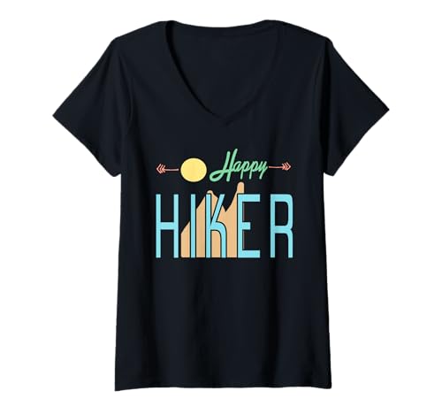 Damen Glücklicher Wanderer Positives Outdoor Berg Abenteuer T-Shirt mit V-Ausschnitt von Lächelnde Naturfreunde und Wander Fans