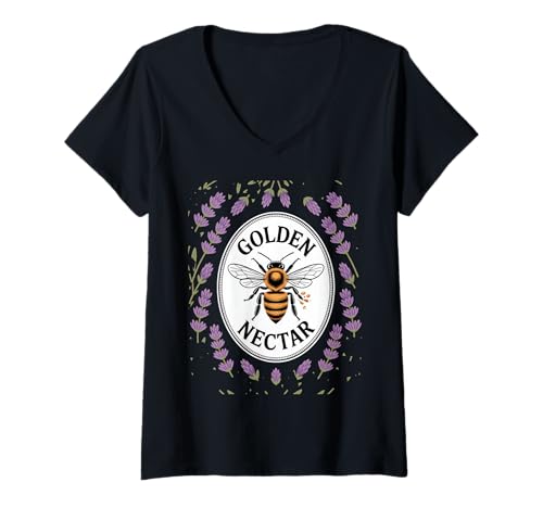 Damen Cottagecore Golden Nectar Biene Lavendel Vintage T-Shirt mit V-Ausschnitt Damen Cottagecore Golden Nectar Biene Lavendel Vintage T-Shirt mit V-Ausschnitt von Ländlicher Bienenzauber Cottagecore Lavendel