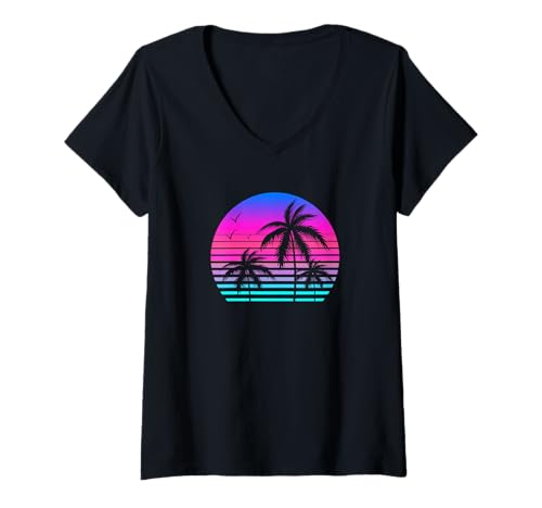 Damen Sonnenuntergang Palme Baum Casual Mode Aesthetic Vaporwave T-Shirt mit V-Ausschnitt von Lässige Sommer Tägliche Verschleiß Co.