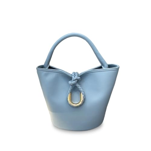 Laeuokie Gewebte Eimertasche aus echtem Leder für Damen mit Knotenverschluss – vielseitige Hand-, Schulter- und Crossbody-Tasche, Einfarbiges Gewebe, hellblau, 9.45" L x4.72" W x 7.09" H, Gewebt von Laeuokie