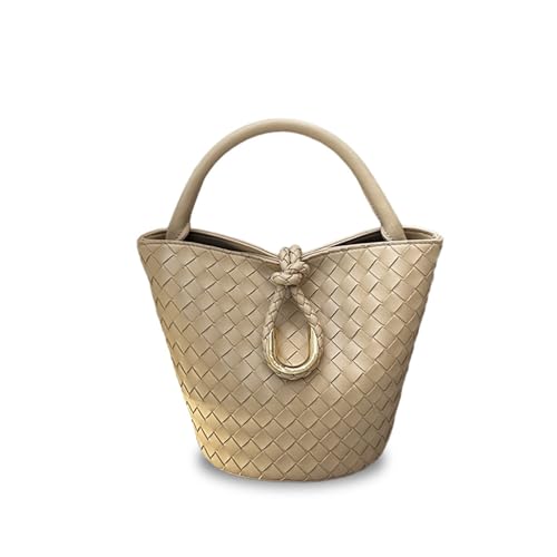 Laeuokie Gewebte Eimertasche aus echtem Leder für Damen mit Knotenverschluss – vielseitige Hand-, Schulter- und Crossbody-Tasche, Gewebter Milchtee, 9.45" L x4.72" W x 7.09" H von Laeuokie