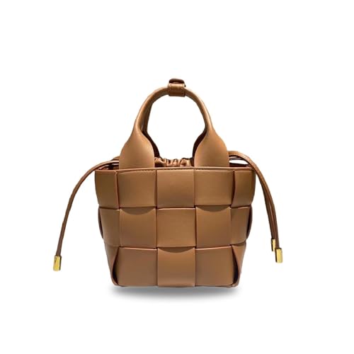 Schicke gewebte Leder-Eimertasche mit Kordelzug – Tragetasche, Schultertasche, Geldbörse und Crossbody-Tasche, Caramel Schicke gewebte Leder-Eimertasche mit Kordelzug – Tragetasche, Schultertasche, Geldbörse und Crossbody-Tasche, Caramel von Laeuokie