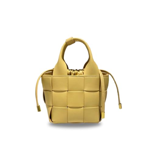 Schicke gewebte Leder-Eimertasche mit Kordelzug – Tragetasche, Schultertasche, Geldbörse und Crossbody-Tasche, Cassava Yellow Schicke gewebte Leder-Eimertasche mit Kordelzug – Tragetasche, Schultertasche, Geldbörse und Crossbody-Tasche, Cassava Yellow von Laeuokie