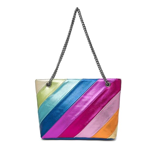 Umhängetasche für Damen, Regenbogenstreifen, Handtasche – Kontrastfarbene Nähte, PU-Leder mit Kettenriemen, Mehrfarbig Large 4# Umhängetasche für Damen, Regenbogenstreifen, Handtasche – Kontrastfarbene Nähte, PU-Leder mit Kettenriemen, Mehrfarbig Large 4# von Laeuokie