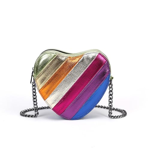 Umhängetasche für Damen, Regenbogenstreifen, Handtasche – Kontrastfarbene Nähte, PU-Leder mit Kettenriemen, Regenbogenstreifen, herzförmig, Nr. 5 Umhängetasche für Damen, Regenbogenstreifen, Handtasche – Kontrastfarbene Nähte, PU-Leder mit Kettenriemen, Regenbogenstreifen, herzförmig, Nr. 5 von Laeuokie