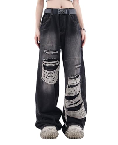 Lafaguw Baggy Jeans Y2K für Damen und Herren, zerrissene, ästhetische hohe Taille, gerades Bein, Vintage-Stil, Streetwear, Grunge-Kleidung., Schwarz1, L von Lafaguw