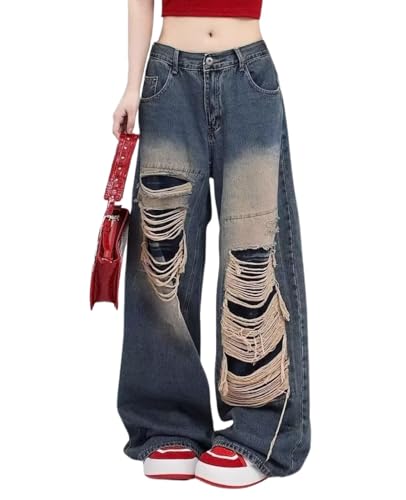 Lafaguw Baggy-Jeans für Damen und Herren, gerades Bein, hohe Taille, Distressed Jeans, Y2K, Grunge-Sommerkleidung., Blau1, L von Lafaguw