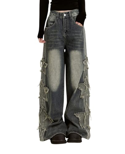 Lafaguw Baggy-Jeans für Damen und Mädchen, Sternen-Patchwork, hohe Taille, süße Jeans, Streetwear, lockere Hose, Grunge Emo-Kleidung, Blau, Groß Lafaguw Baggy-Jeans für Damen und Mädchen, Sternen-Patchwork, hohe Taille, süße Jeans, Streetwear, lockere Hose, Grunge Emo-Kleidung, Blau, Groß von Lafaguw