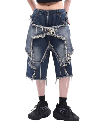 Lafaguw Baggy Jorts Damen Herren Stern Patchwork Hohe Taille Weites Bein Jeans Shorts Gothic Streetwear Sommerkleidung, Blau, X-Klein von Lafaguw
