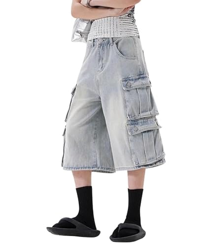 Lafaguw Cropped-Jeans für Damen und Herren, hohe Taille, weites Bein, Baggy-Jorts, Y2K, lässige Denim-Caprihose, Grunge-Sommerkleidung., Blau4, Medium Short von Lafaguw