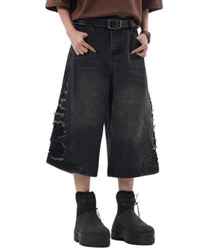 Lafaguw Cropped-Jeans für Damen und Herren, hohe Taille, weites Bein, Baggy-Jorts, Y2K, lässige Denim-Caprihose, Grunge-Sommerkleidung., Schwarz5, X-Small Short Lafaguw Cropped-Jeans für Damen und Herren, hohe Taille, weites Bein, Baggy-Jorts, Y2K, lässige Denim-Caprihose, Grunge-Sommerkleidung., Schwarz5, X-Small Short von Lafaguw