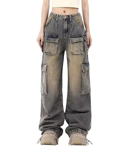 Lafaguw Cargohose für Damen, niedrige Taille, Baggy-Jeans, Tasche, weites Bein, lässig, trendig, Streetwear, Grunge Emo Kleidung, Blau2, X-Groß von Lafaguw