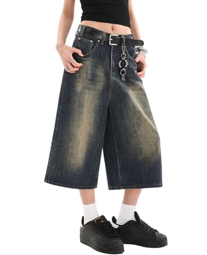 Lafaguw Kurze Jeans für Damen und Herren, hohe Taille, weites Bein, Baggy-Jorts, Y2K, lässige Denim-Caprihose, Grunge-Sommerkleidung., Retro Blue1, L Kurze Schlauch von Lafaguw