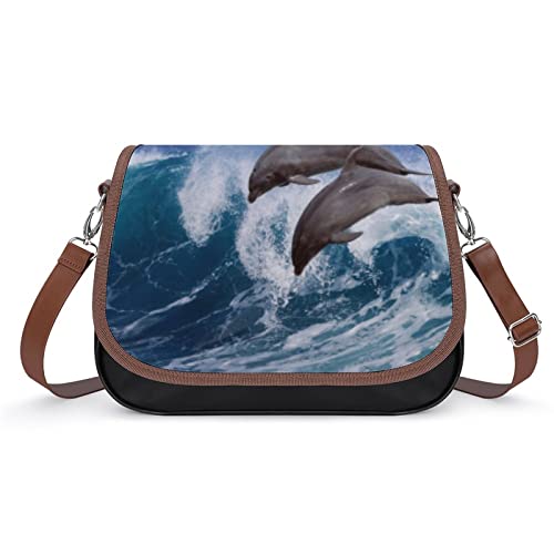 Damen Kleine Umhängetasche Leder Bedruckte Schultertasche Mode Handtasche Clutches Designer Taschen Trends Ozean-Delfine von LafalPer