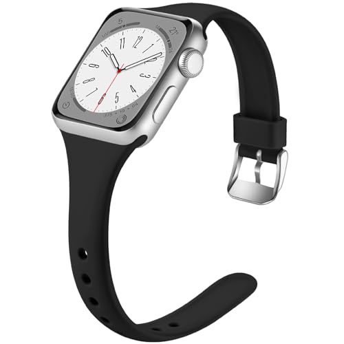 Laffav Slim Band kompatibel mit Apple Watch, 40 mm, 38 mm, 44 mm, 42 mm, für Damen und Herren, weiches Silikon, schmal dünn, schwarz, 38mm/40mm M/L von Laffav