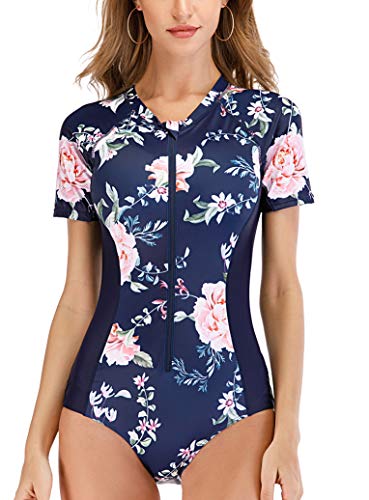 LafyKoly Damen Einteiler Langarm Rash Guard UV-Schutz Gedruckt Surfen Badeanzug Bademode Badeanzug, Kurzarm & marineblaue Blume, Medium von LafyKoly