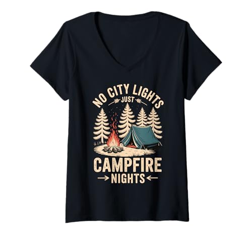 Damen No City Lights Just Campfire Nights T-Shirt mit V-Ausschnitt Damen No City Lights Just Campfire Nights T-Shirt mit V-Ausschnitt von Lagerfeuernacht Camping Wohnmobil Nachthimmel