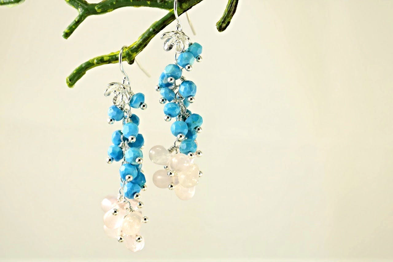 Dornröschen Türkis Und Rosenquarz Cluster Ohrringe, Sterling Silber Blau Rosa Edelstein Ohrringe Dornröschen Türkis Und Rosenquarz Cluster Ohrringe, Sterling Silber Blau Rosa Edelstein Ohrringe von LagoonjewelryArt