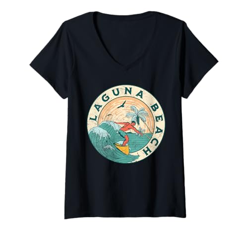 Damen Laguna, Kalifornien T-Shirt mit V-Ausschnitt Damen Laguna, Kalifornien T-Shirt mit V-Ausschnitt von Laguna Beach California Surfing Surf Ocean Vintage