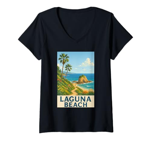 Damen Laguna Beach, Kalifornien, Retro-Urlaubsparadies T-Shirt mit V-Ausschnitt Damen Laguna Beach, Kalifornien, Retro-Urlaubsparadies T-Shirt mit V-Ausschnitt von Laguna Beach Retro Vacation Palm Trees