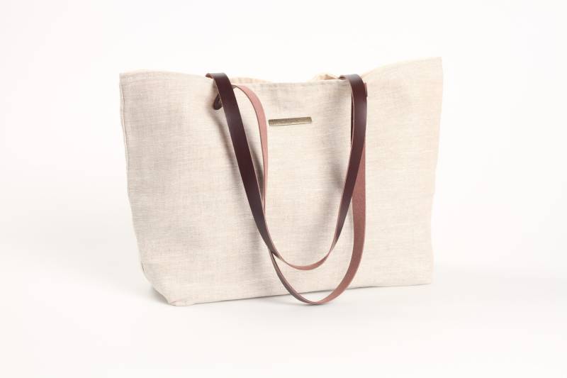 Handgefertigte Leinen Einkaufstasche Ledergriff, Umweltfreundliche Schultertasche von LagutShop