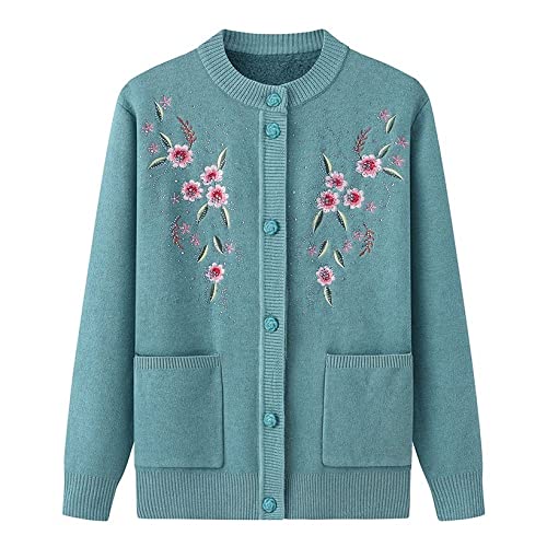 Blaue Kaschmir-Strickjacke Für Damen Im Mittleren Alter - Klobiger Warmer Fleece-Strickpullover Verdickter Bestickter Mantel, Herbst Winter Lose Mutter Oma Strickwaren Top Senioren Geschenk, 4Xl von Lahodnamw