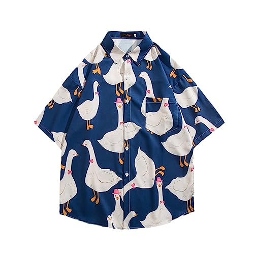 Herren-Hemd, Vintage-Stil, Mit Camp-Kragen, Kurzärmlig, Hawaii-Hemd – Cartoon, Weiße Gans, Bedruckt, Blau, Cardigan-Oberteil, Schicke Bluse, Lockeres, Lässiges Sommer-Strand-Party-Aloha-Hemd, Mä von Lahodnamw