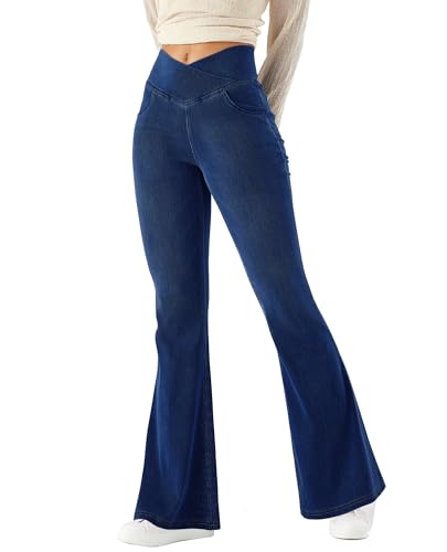 LaiEr Damen Bootcut Jeans V Crossover hohe Taille Pull on Bauch Kontrolle Skinny Yoga Hosen, Denim Hochelastischen weichen Stoff, Ausgestellt Fitness Hose mit Seitentaschen(Dunkel Blau XL) von LaiEr
