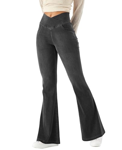 LaiEr Damen Bootcut Jeans V Crossover hohe Taille Pull on Bauch Kontrolle Skinny Yoga Hosen, Denim Hochelastischen weichen Stoff, Ausgestellt Fitness Hose mit Seitentaschen(Dunkel Grau L) von LaiEr