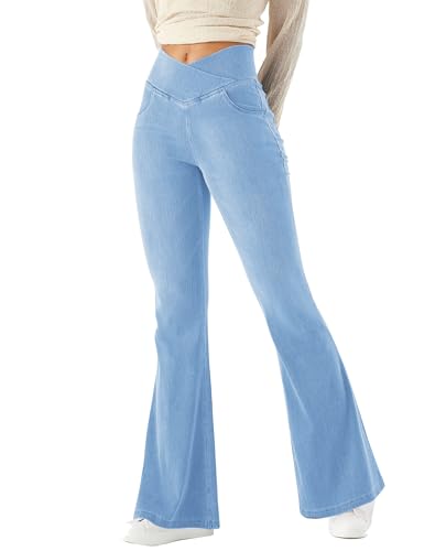 LaiEr Damen Bootcut Jeans V Crossover hohe Taille Pull on Bauch Kontrolle Skinny Yoga Hosen, Denim Hochelastischen weichen Stoff, Ausgestellt Fitness Hose mit Seitentaschen(Light Blau L) von LaiEr