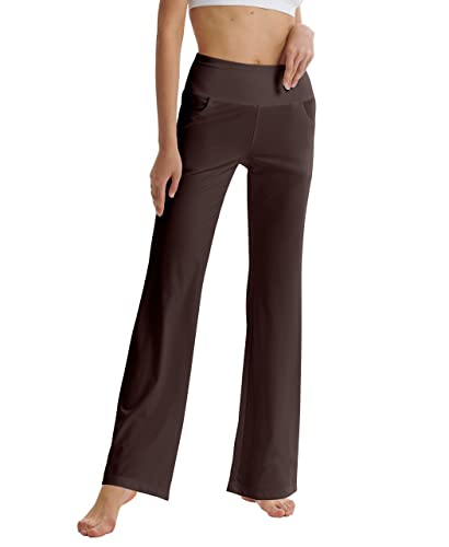 LaiEr Damen Bootcut Yogahose mit Taschen, hohe Taille, ausgestelltes Bootleg Yoga Workout Hose mit Seitentaschen, Braun,XXL von LaiEr