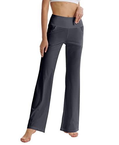 LaiEr Damen Bootcut Yogahose mit Taschen, hohe Taille, ausgestelltes Bootleg Yoga Workout Hose mit Seitentaschen, Dunkelgrau,L von LaiEr