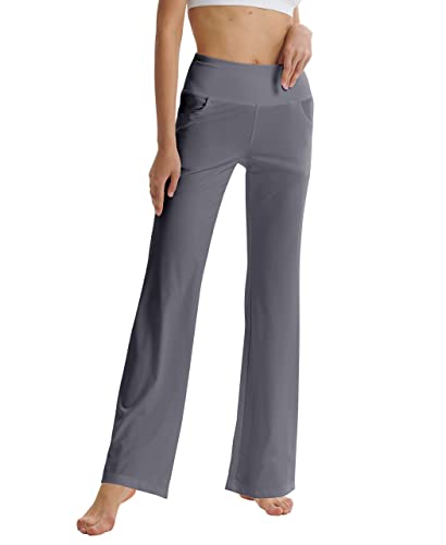 LaiEr Damen Bootcut Yogahose mit Taschen, hohe Taille, ausgestelltes Bootleg Yoga Workout Hose mit Seitentaschen, Hellgrau,XL von LaiEr