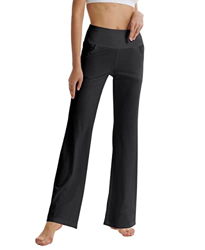 LaiEr Damen Bootcut Yogahose mit Taschen, hohe Taille, ausgestelltes Bootleg Yoga Workout Hose mit Seitentaschen, Schwarz,L von LaiEr