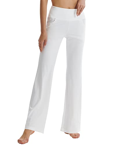 LaiEr Damen Bootcut Yogahose mit Taschen, hohe Taille, ausgestelltes Bootleg Yoga Workout Hose mit Seitentaschen, Weiß,L von LaiEr