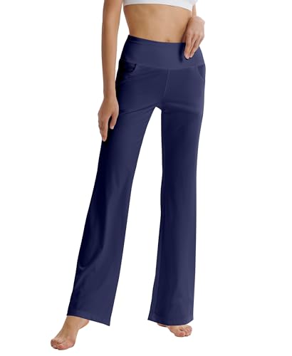 LaiEr Damen Bootcut Yogahose mit Taschen, hohe Taille, ausgestelltes Bootleg Yoga Workout Hose mit Seitentaschen.Dunkelblau.L von LaiEr