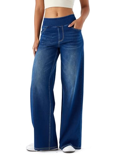 LaiEr Damen Denim Hose mit weitem Bein, hohe Taille, gerades Bein, lockere Passform, Unregelmäßiger handgeriebener Katzenschnurrhaarverlauf hohe Elastizität Casual Jeans(DarkBlueXL) von LaiEr